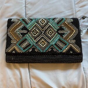 NWT America & Beyond Geometric Beaded Clutch - Black, Gold, and Teal